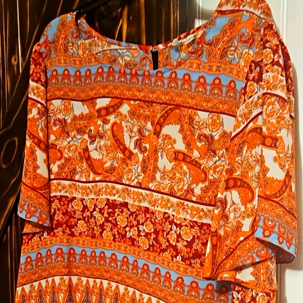 Orange and Red Graphic 3/4 Sleeve Blouse